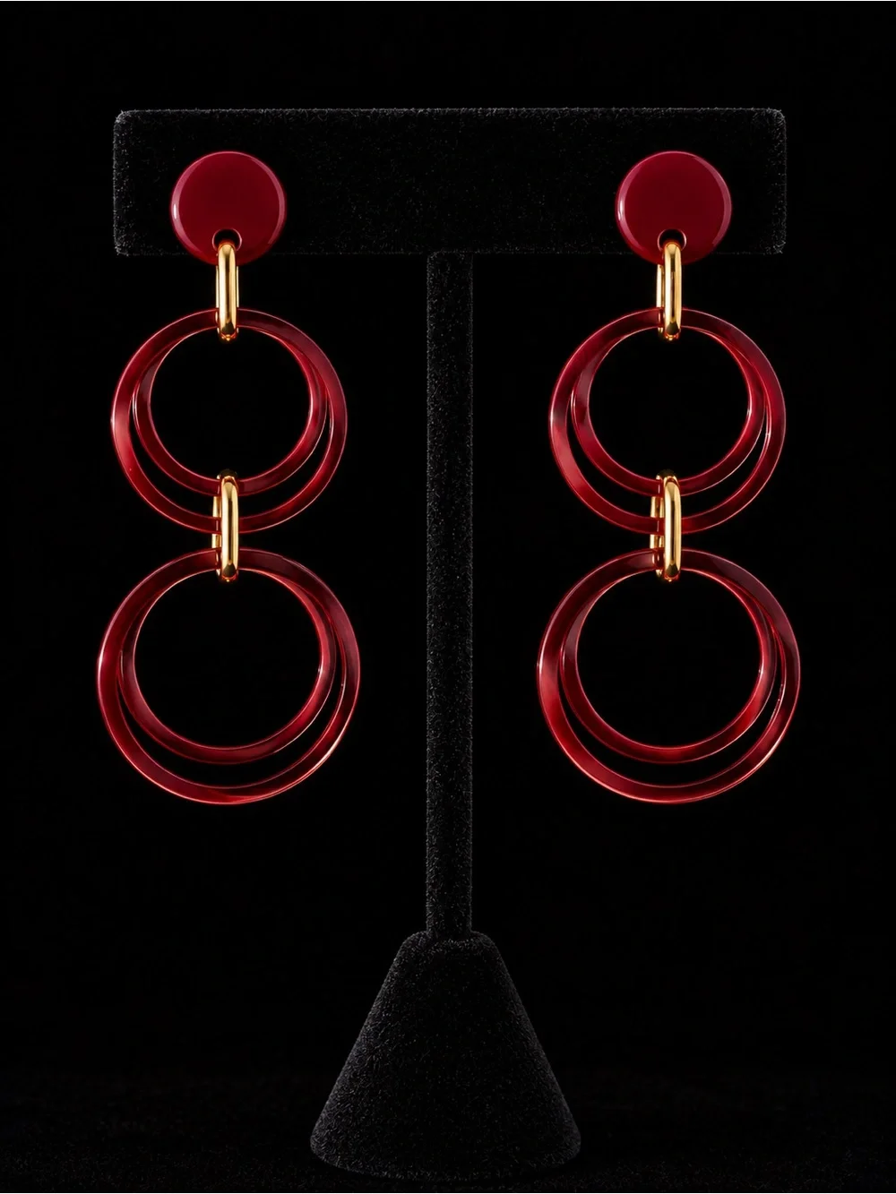 Dark Red Double Hoop Drop Earrings with Gold Accents